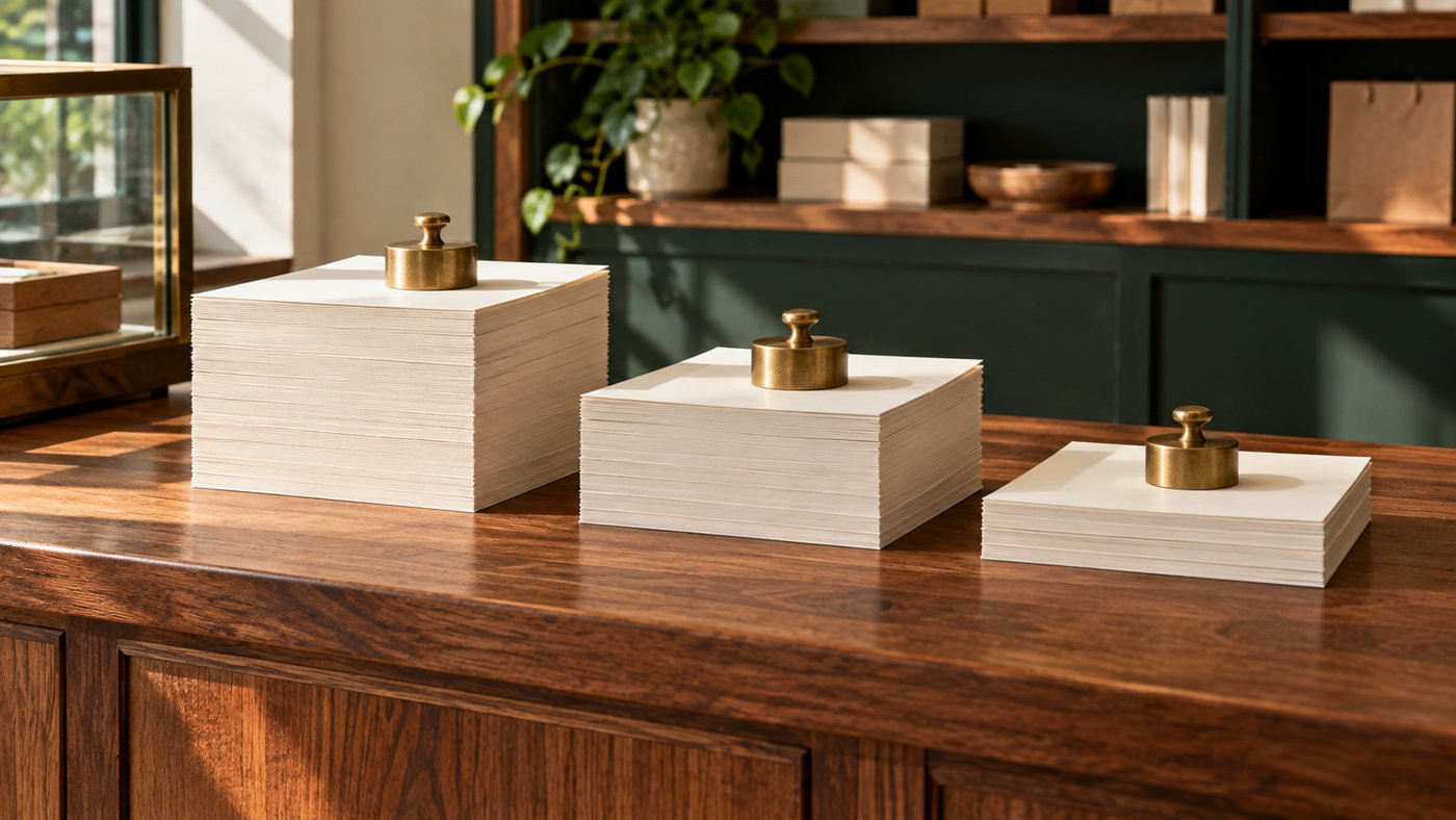 A shop counter with three stacks of paper in different heights, held down by small weights.