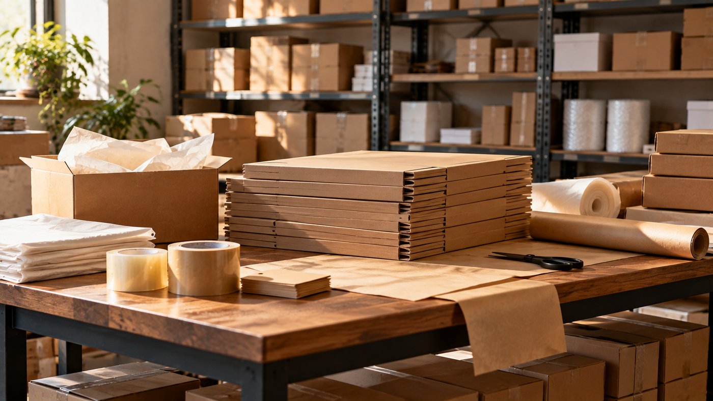 A packing table in a small warehouse stacked with flat-packed boxes, rolls of tape and tissue paper, ready for a busy week.