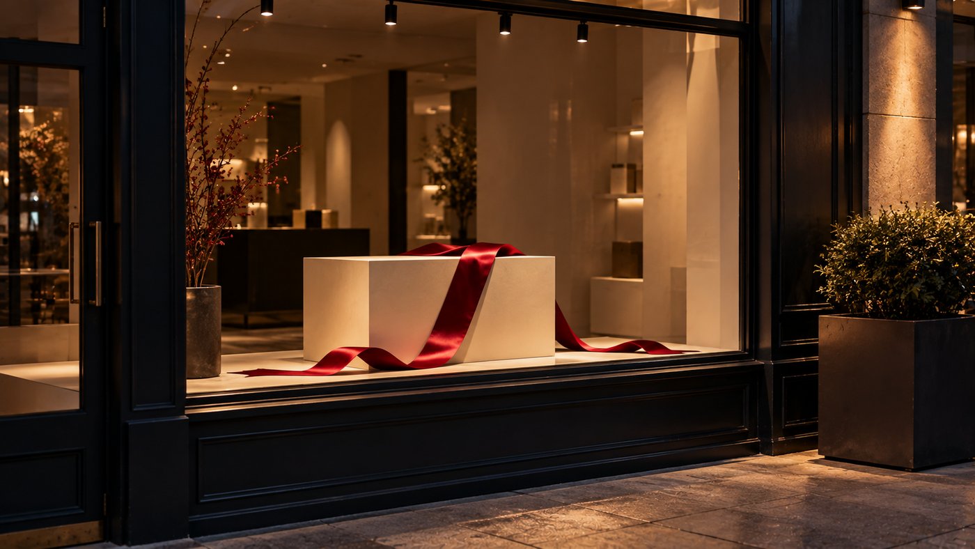 A shop window at night with a red ribbon draped across an empty display plinth.