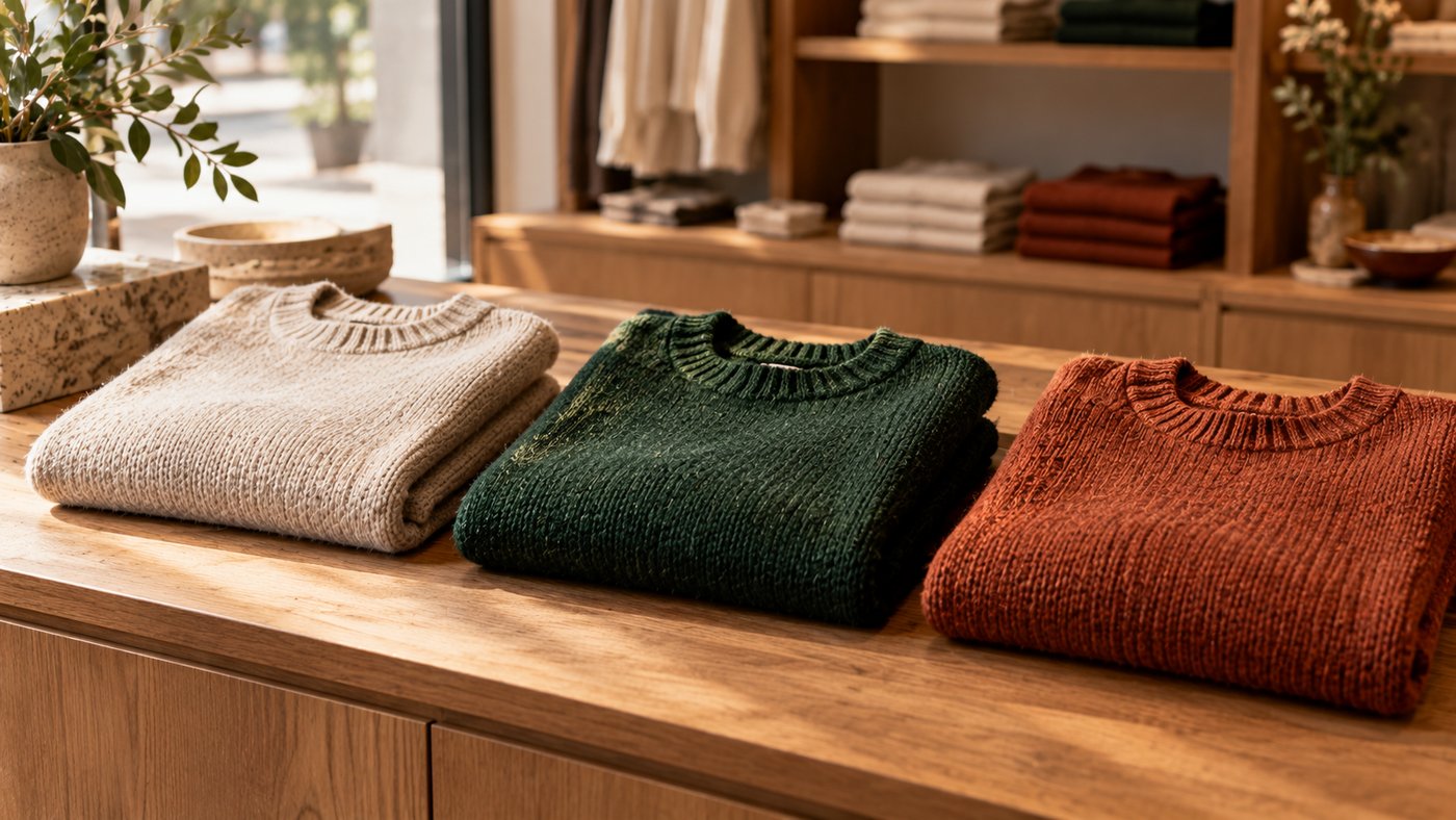 A shop assistant's counter with three folded sweaters laid out side by side for comparison.