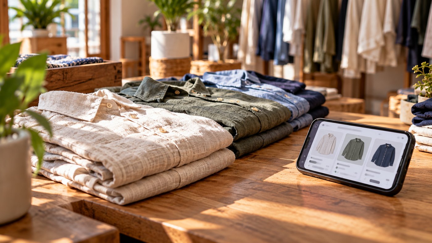Folded linen shirts in ivory, green and blue on a wooden shop table beside a phone showing three shirt cards.