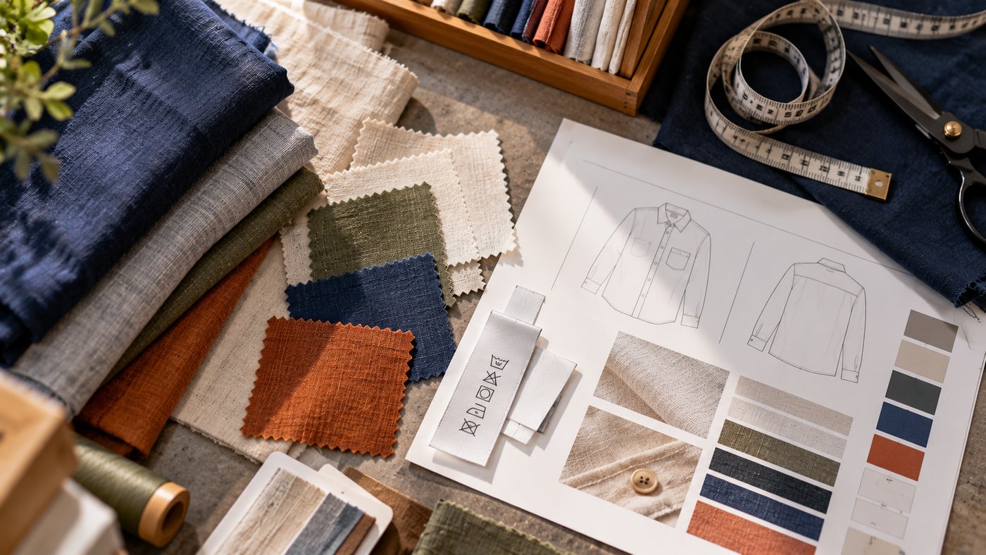 Fabric swatches, a care label, a shirt sketch with color chips, a measuring tape and scissors on a work table.