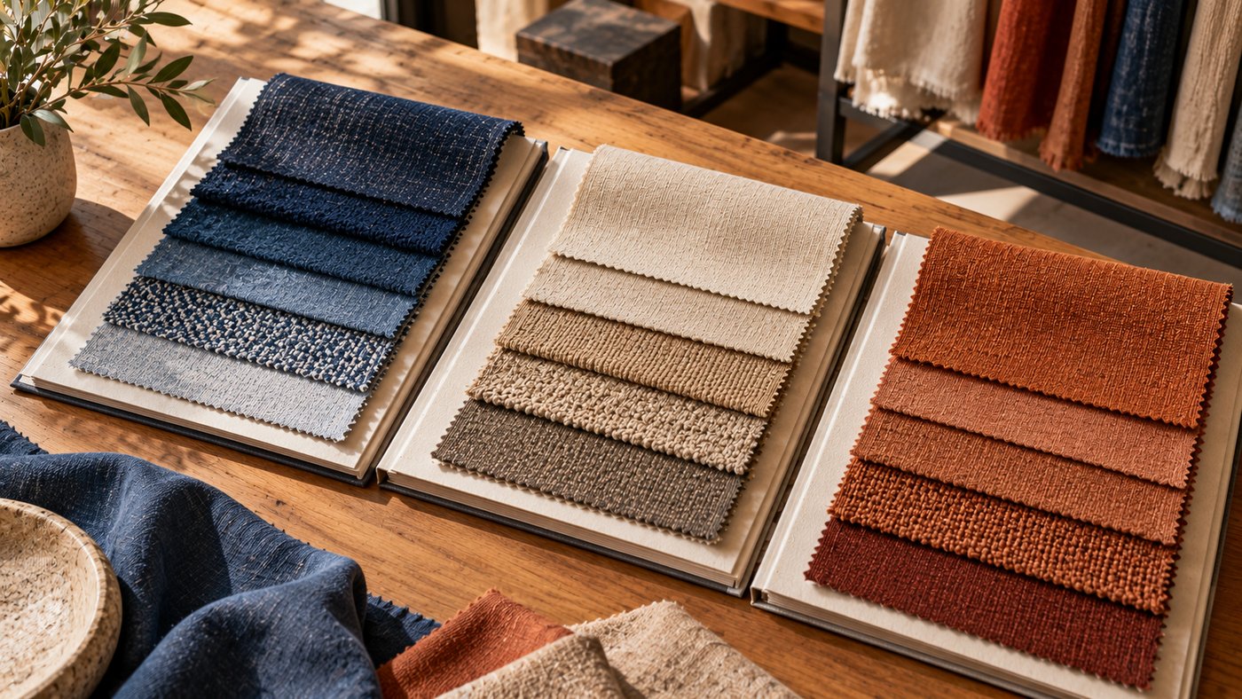 Three fabric swatch books lying open on a wooden table in a textile showroom.