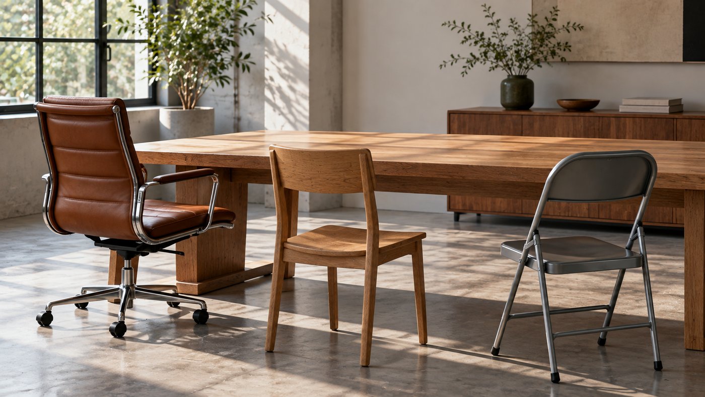 Three chairs at a meeting table, one leather, one plain and one folding.