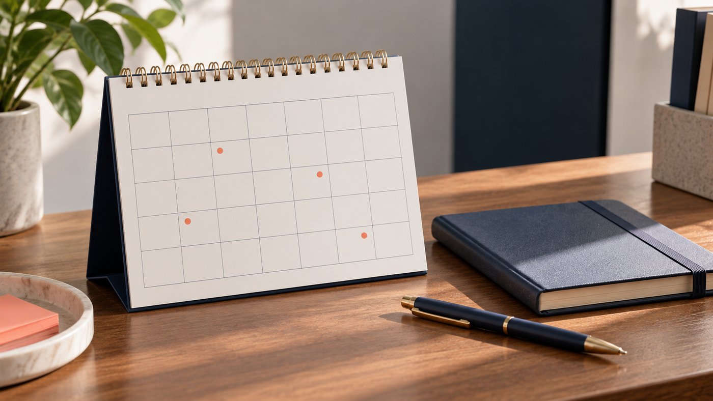 A desk calendar with only some weekdays marked, beside a closed notebook and a pen.