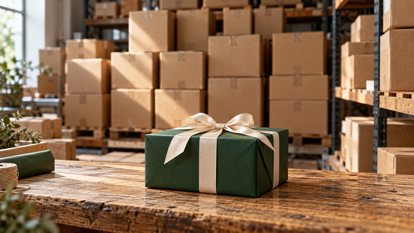 A green gift box with a cream ribbon on a worn wooden counter in front of stacked shipping boxes.