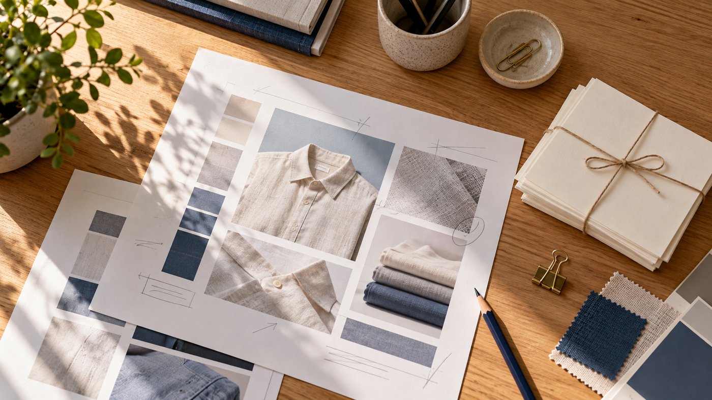 A page layout proof of linen shirt photos with pencil marks, beside fabric swatches and twine-tied cards.