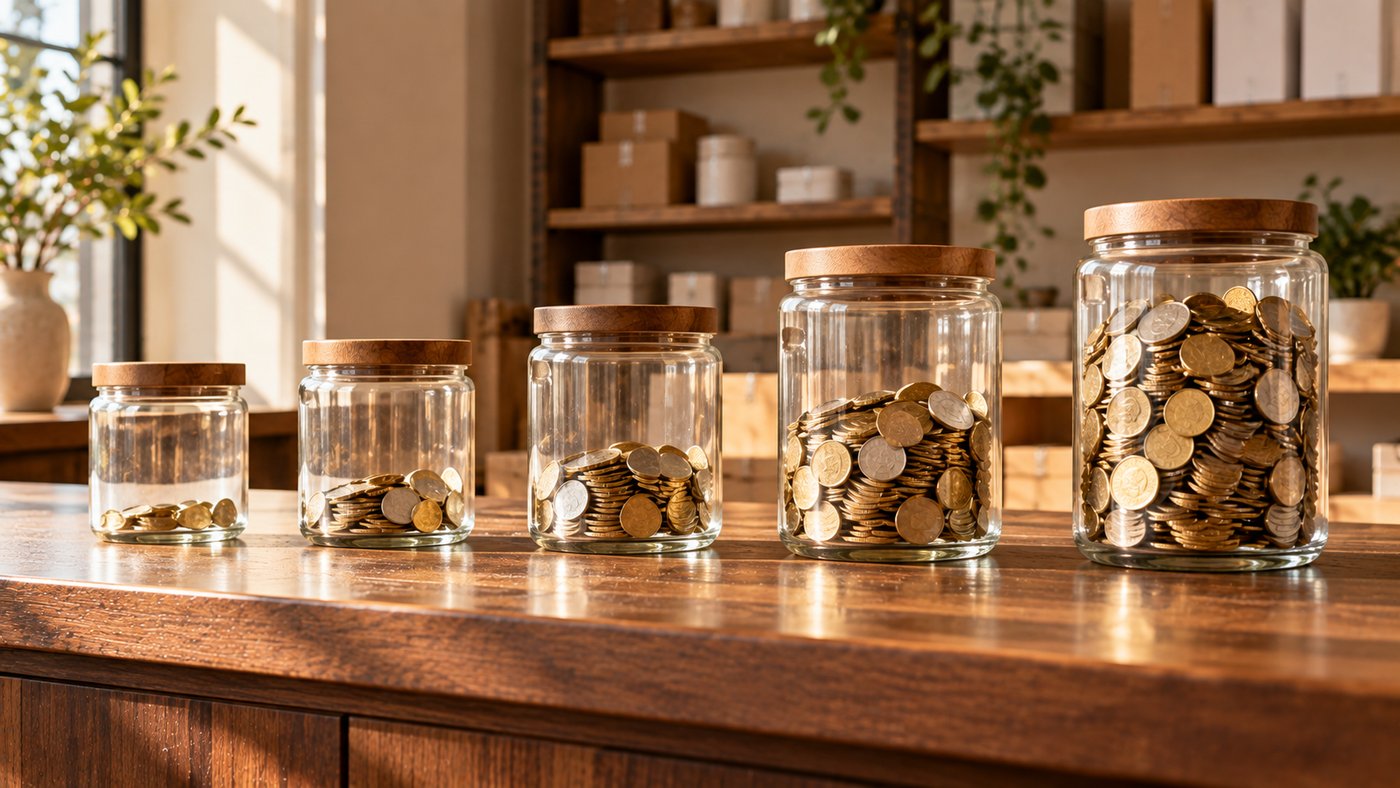 A row of glass coin jars on a wooden counter, each holding more coins than the one before.