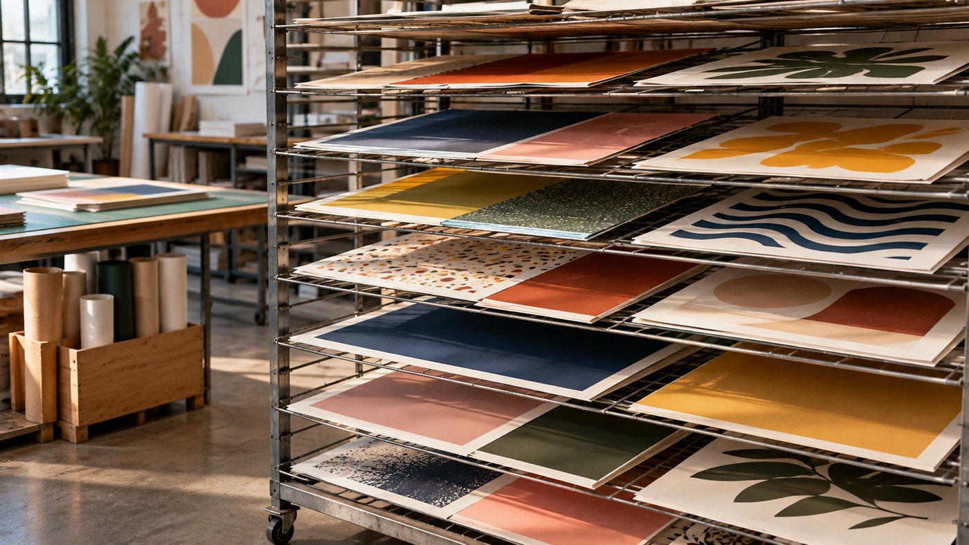 A print shop drying rack holding dozens of poster sheets in different colors and patterns, with no lettering.