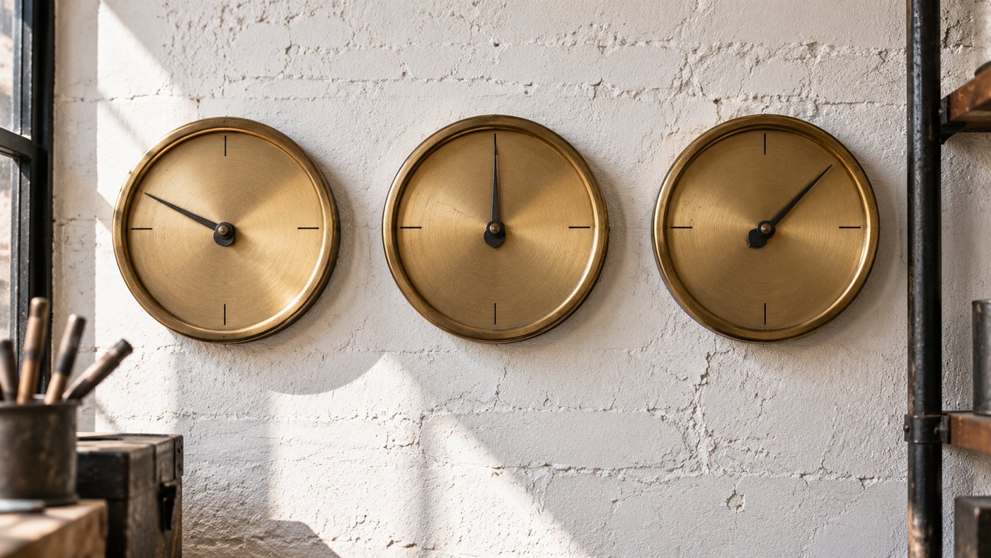 Three unmarked brass dials on a workshop wall, each needle at a different level.