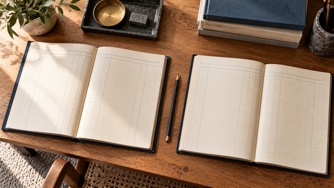 Two paper ledgers lying open side by side on a desk, their columns faint and unreadable.