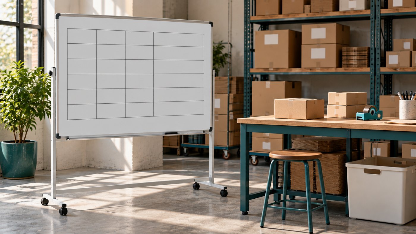 A whiteboard with a hand-drawn grid of columns beside a shop's packing area.