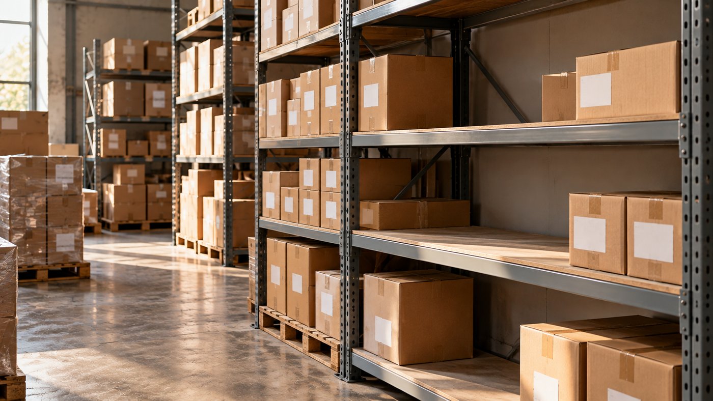Stacked shipping cartons in a stockroom, some rows full and some nearly empty, with blank labels.
