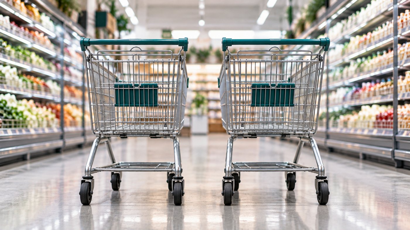 Two empty shopping carts side by side in a bright supermarket aisle.