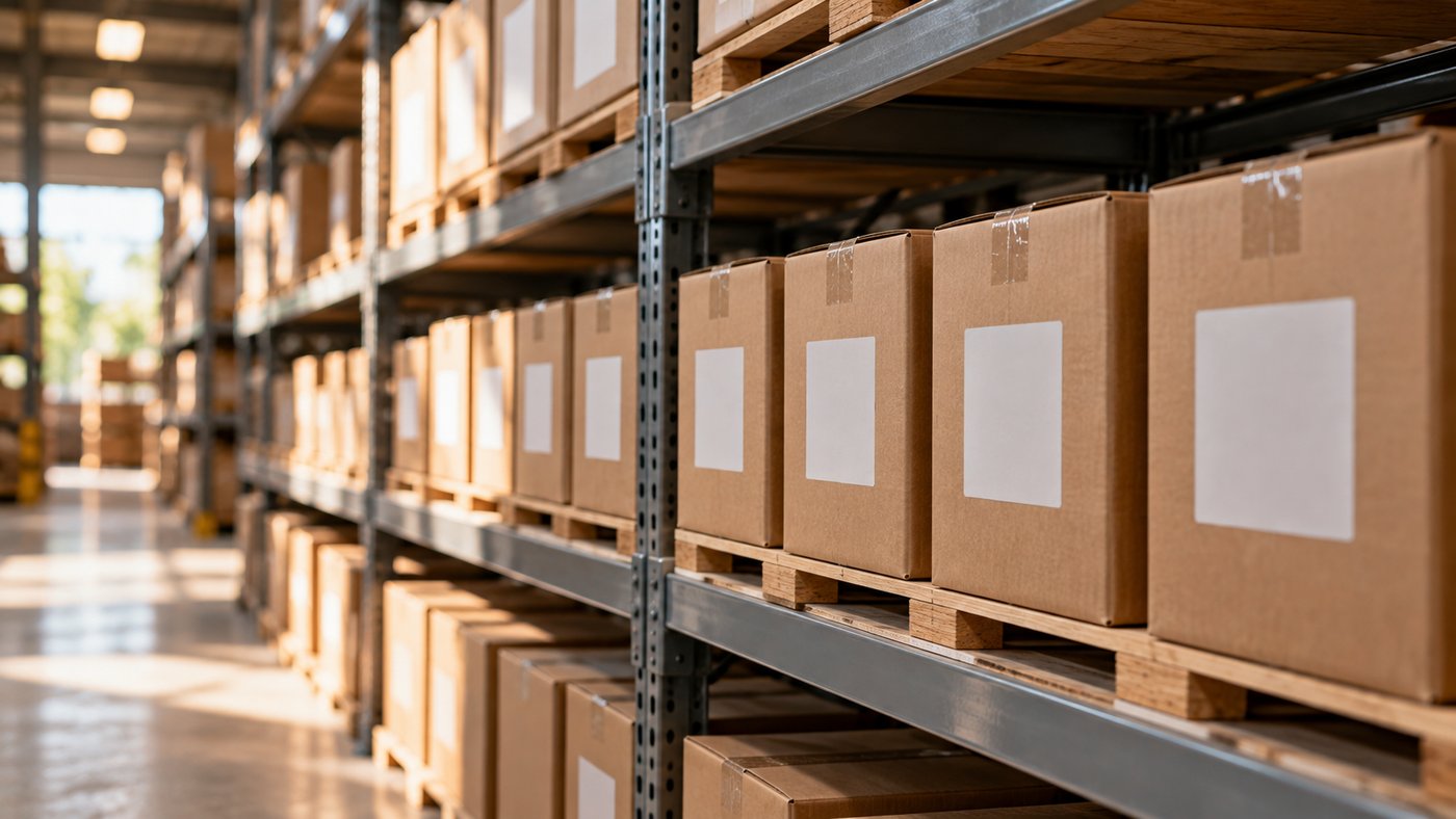 Rows of cardboard boxes with blank white labels on steel warehouse shelving.