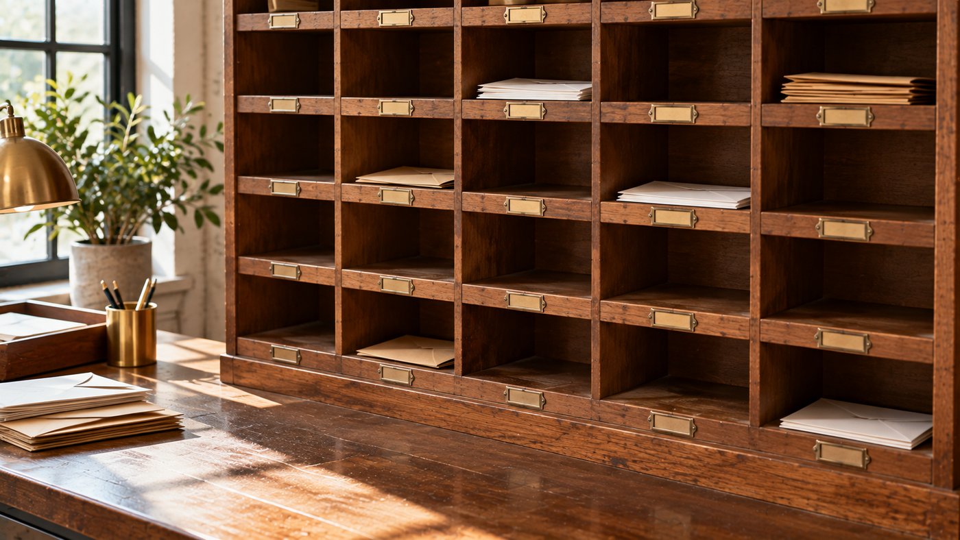 A wooden mail sorting cabinet with rows of small slots, only a few of them holding blank envelopes.