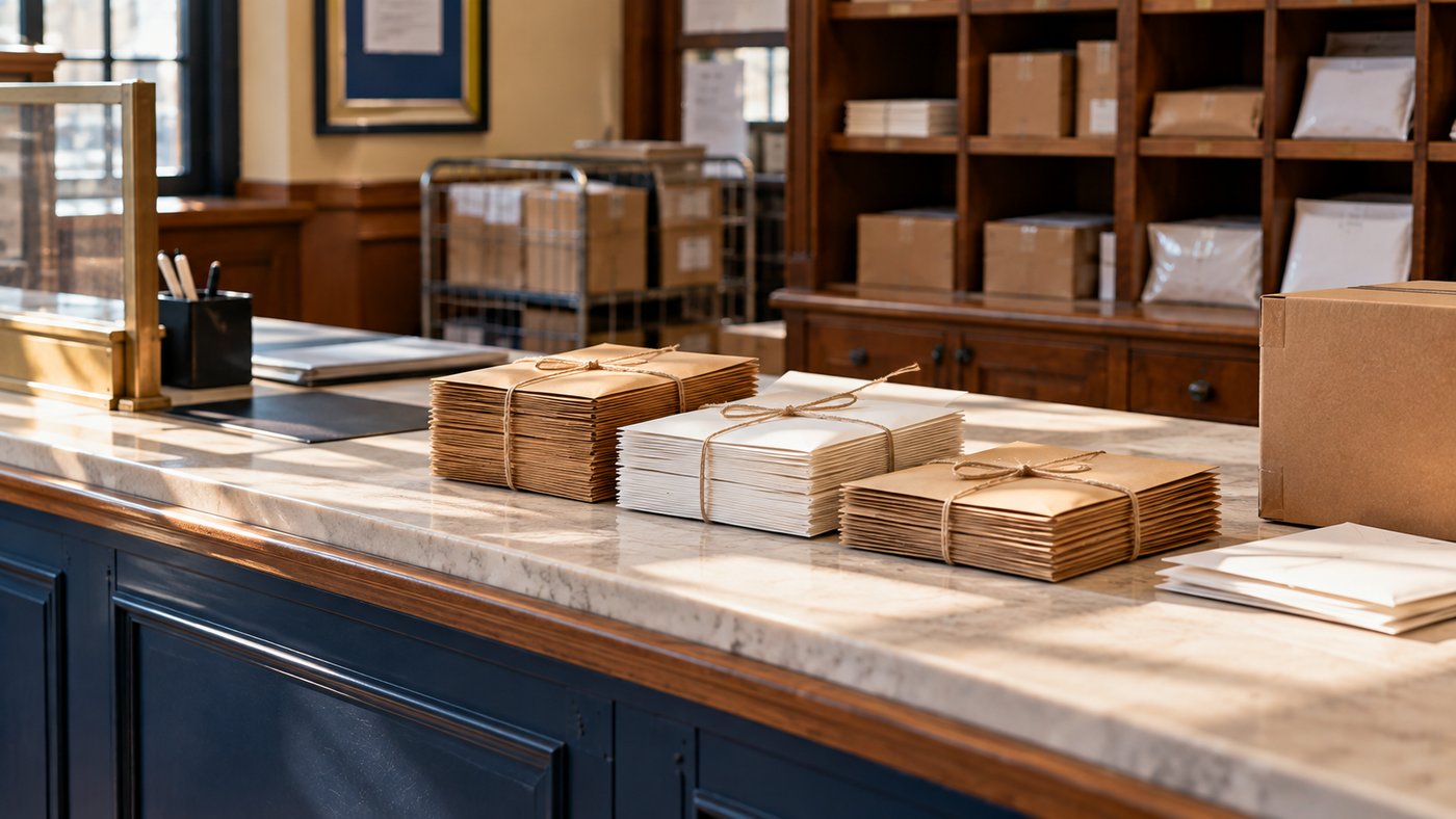 A post office counter with a few bundles of blank envelopes tied with string.