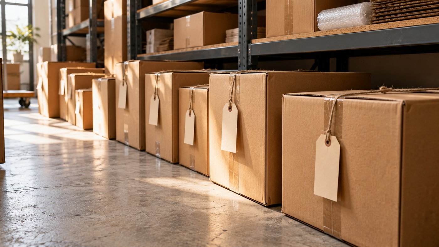 A row of moving boxes in an empty stockroom, each labeled by hand with a blank tag.