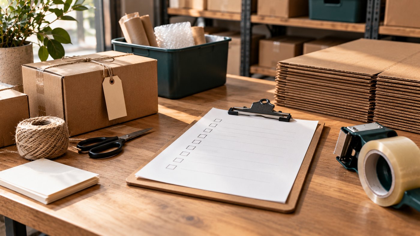 A clipboard checklist on a packing table beside a roll of tape and a stack of flat boxes.