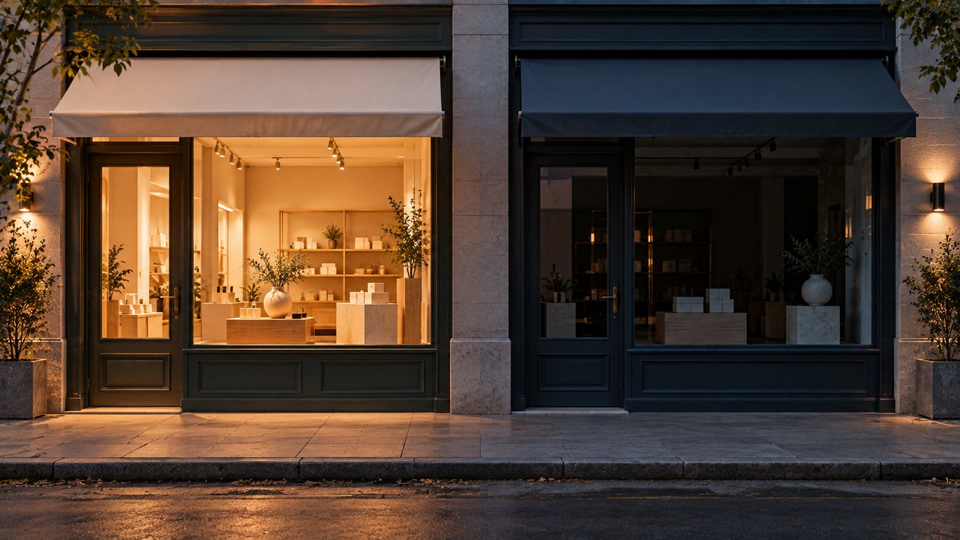 Two identical shop windows on a street, one lit and one dark.