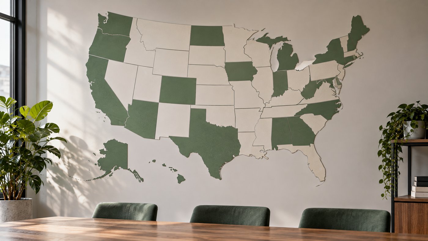 A map of the United States on a wall with some regions shaded and others left blank.