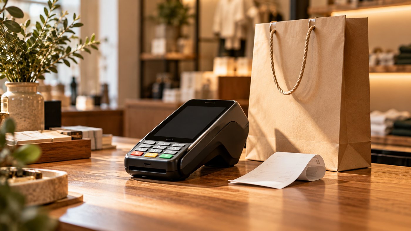 A card terminal on a wooden shop counter beside a curled receipt and a kraft paper bag.