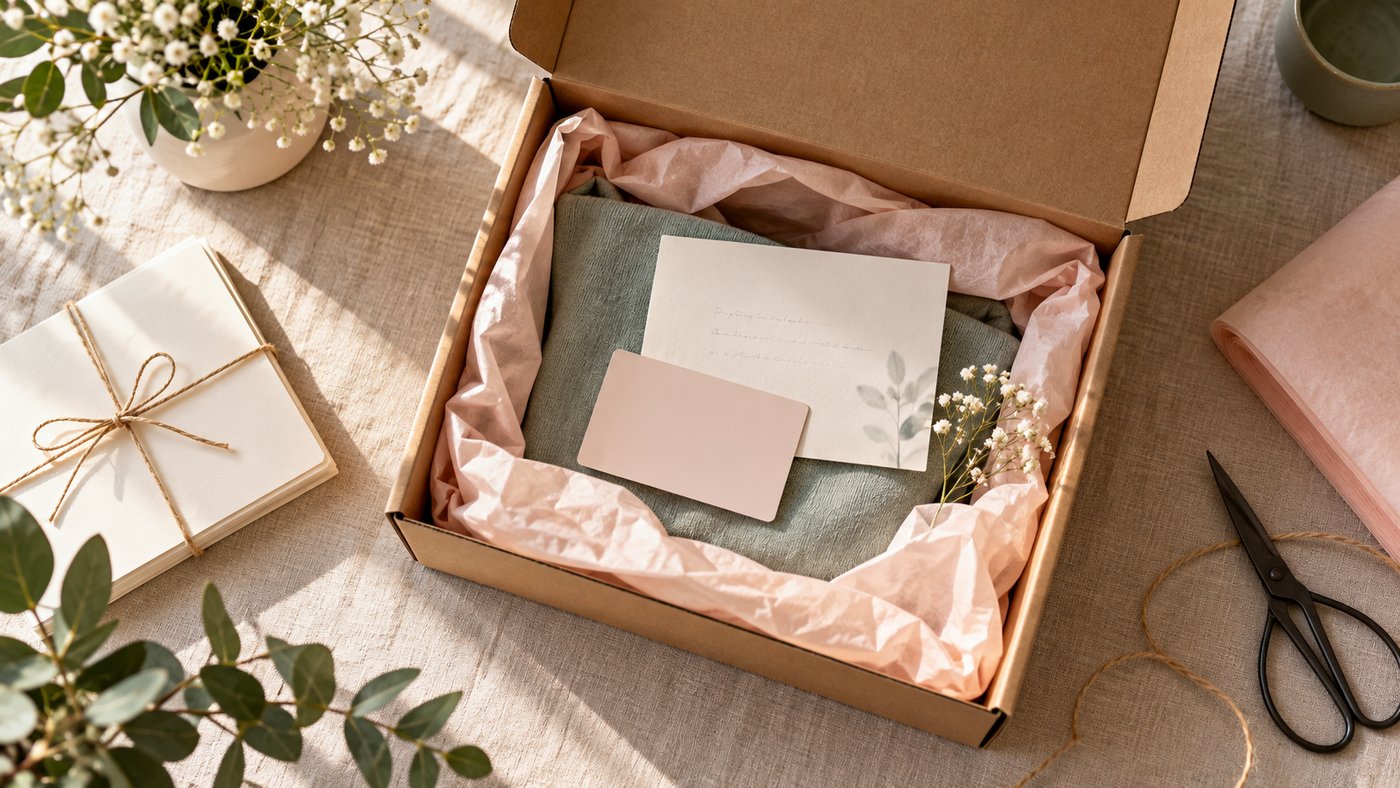 An open shipping box with pink tissue, a blank pink card and a note card on a linen cloth.