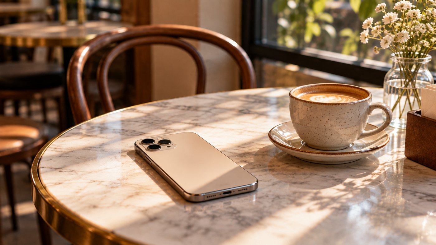 A smartphone lying face down on a cafe table beside a cup of coffee.