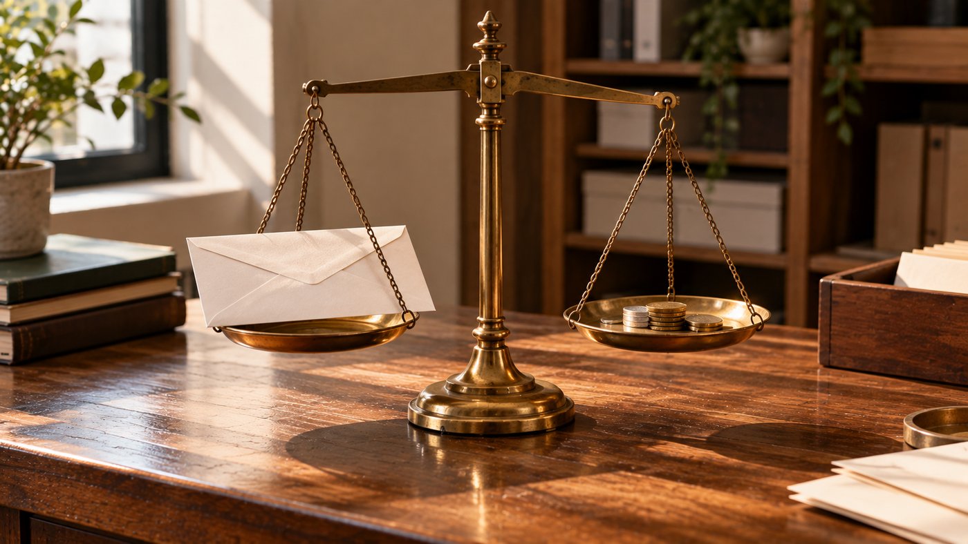 A brass balance scale holding a single blank envelope on one pan and a few coins on the other.
