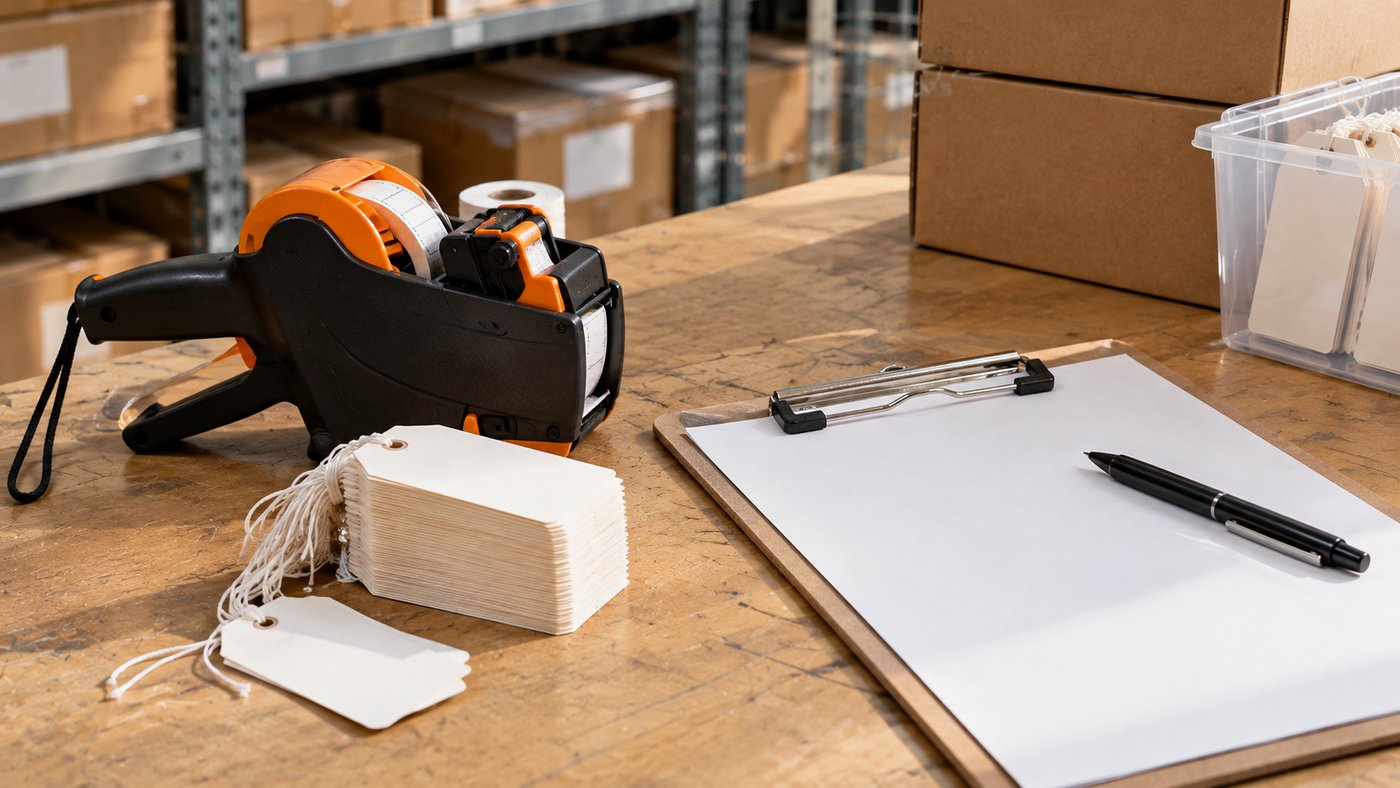 A pricing gun, a stack of blank price tags and a clipboard on a stockroom table.