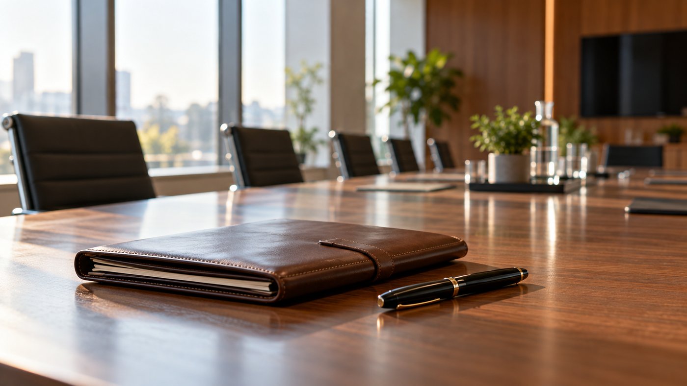 A brown leather portfolio and a fountain pen on a long boardroom table with empty chairs.