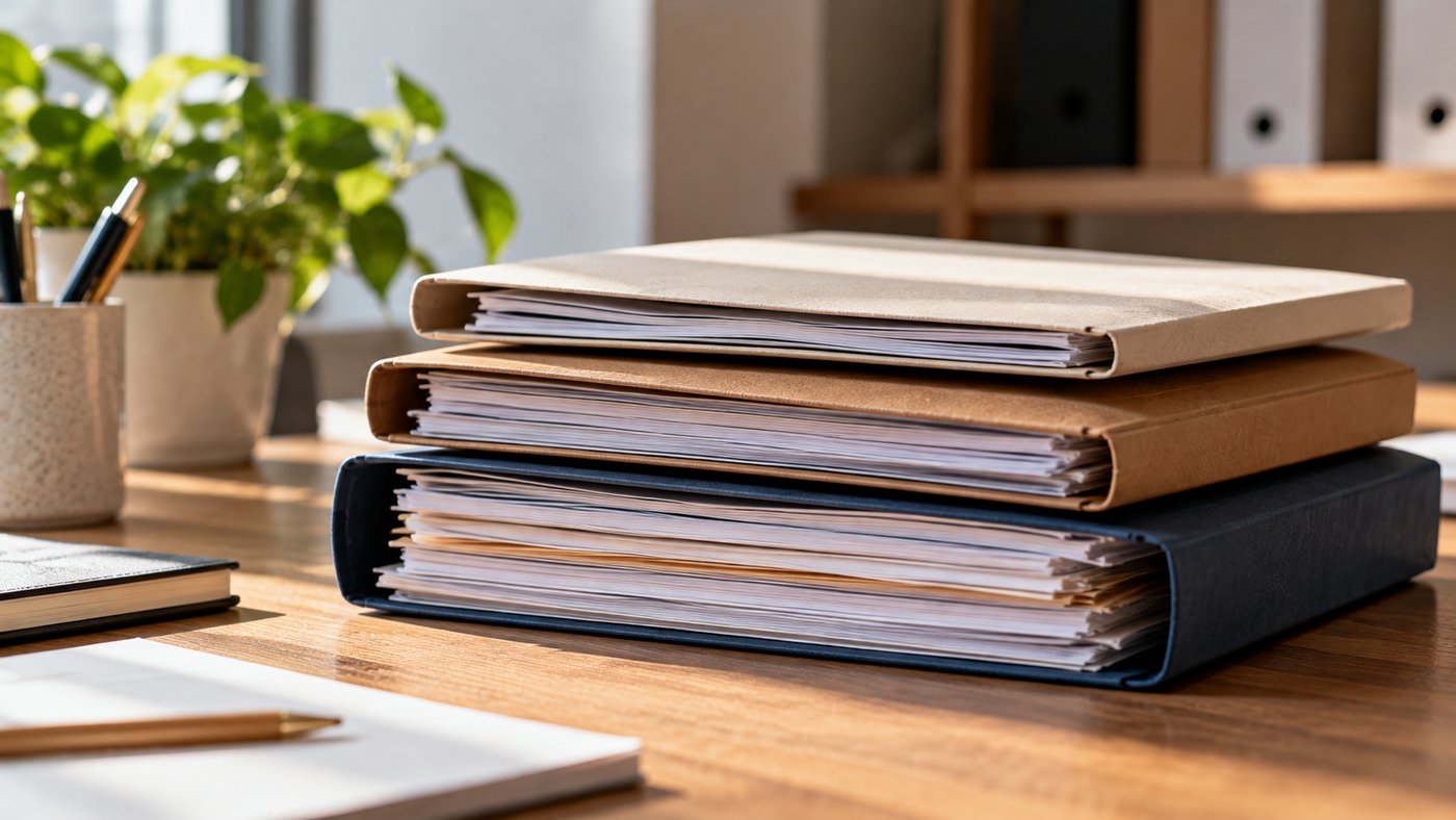 Three stacked binders on a desk, the bottom one thick and the top one thin.