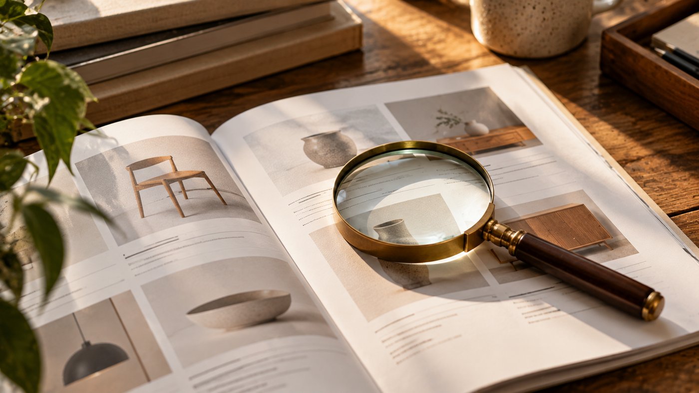 A magnifying glass resting on a printed product catalog on a wooden desk.