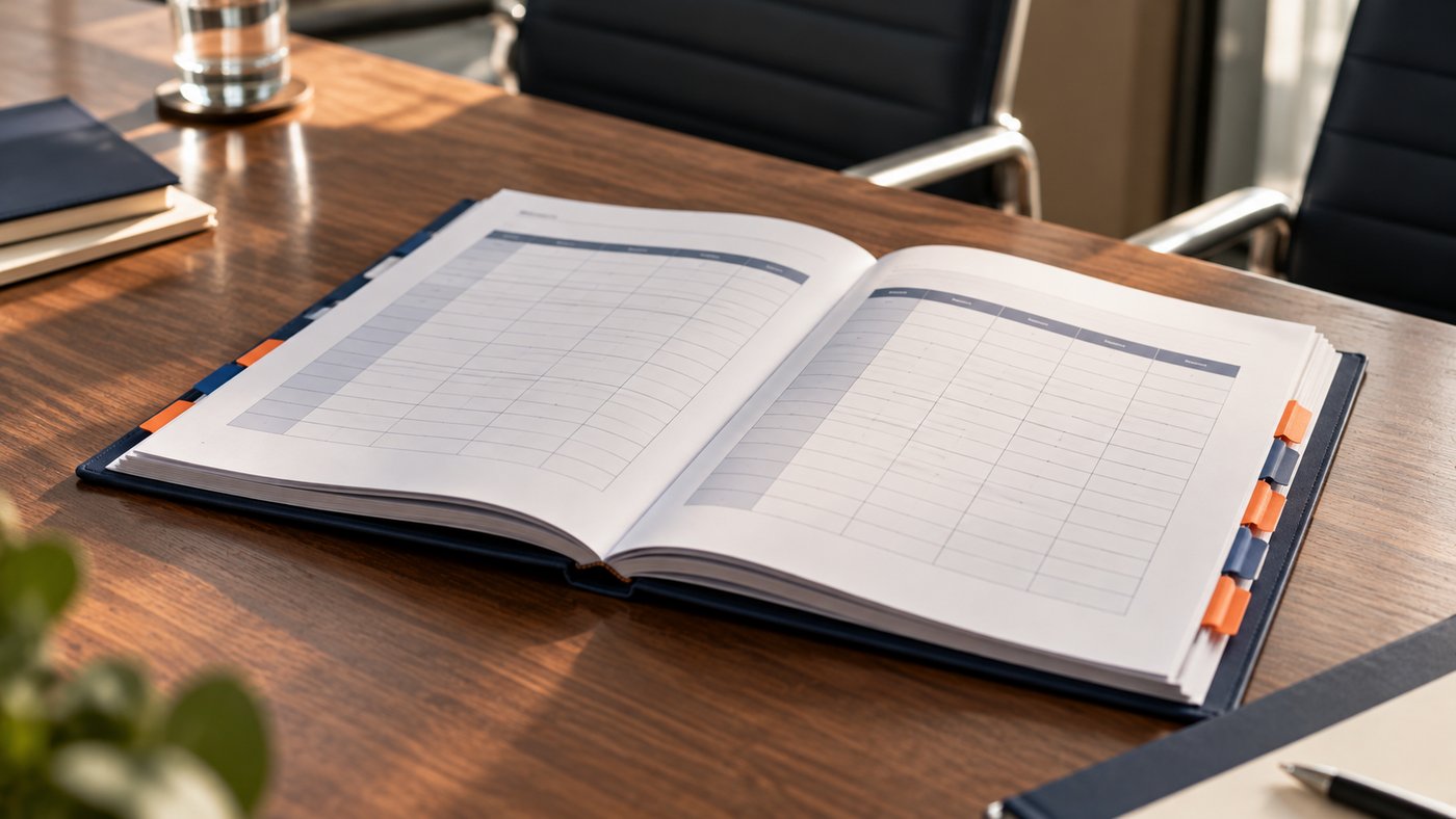 A bound report open to blank table grids, with orange and navy index tabs, on a meeting table.