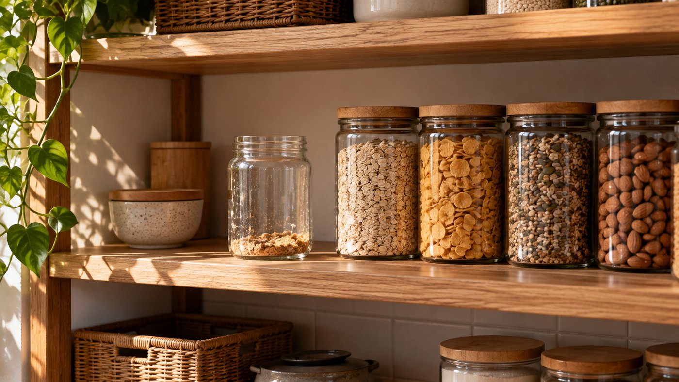 An empty pantry shelf with one jar nearly finished beside a row of full, unopened jars.