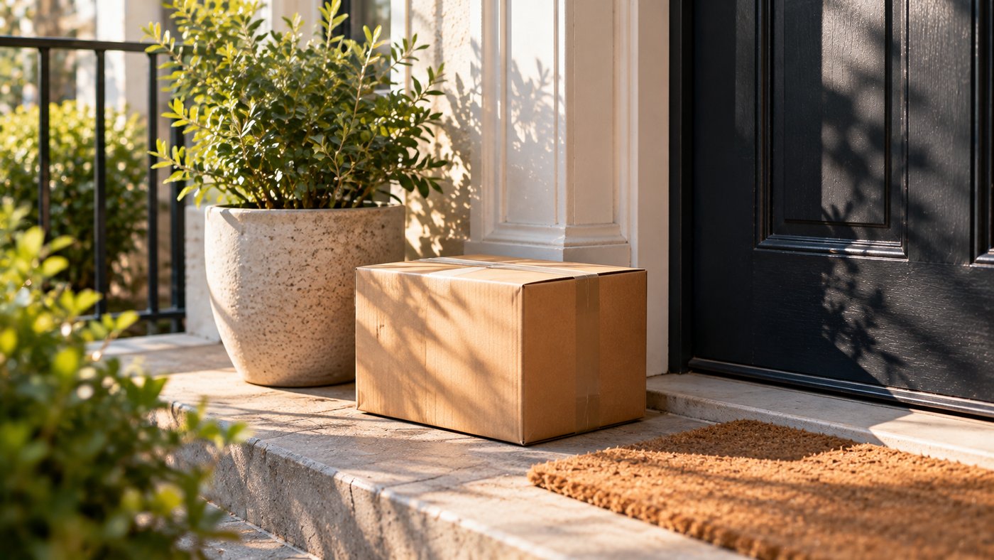 A doorstep in morning light with a delivered parcel beside a potted plant.