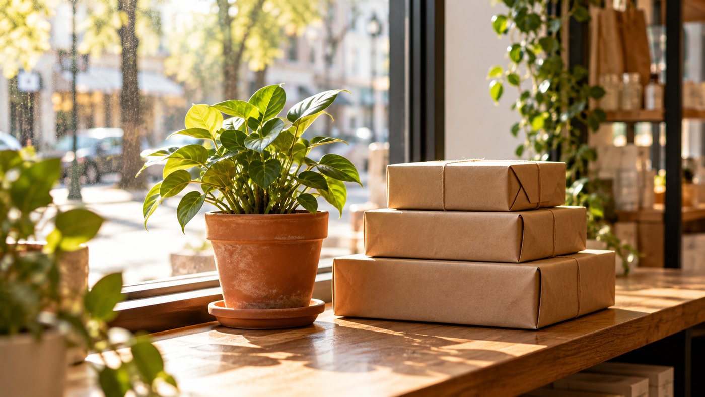 A young plant in a terracotta pot on a shop windowsill beside a stack of brown parcels.