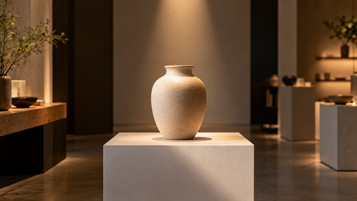 A single ceramic vase on a white plinth in a boutique, lit by one spotlight.