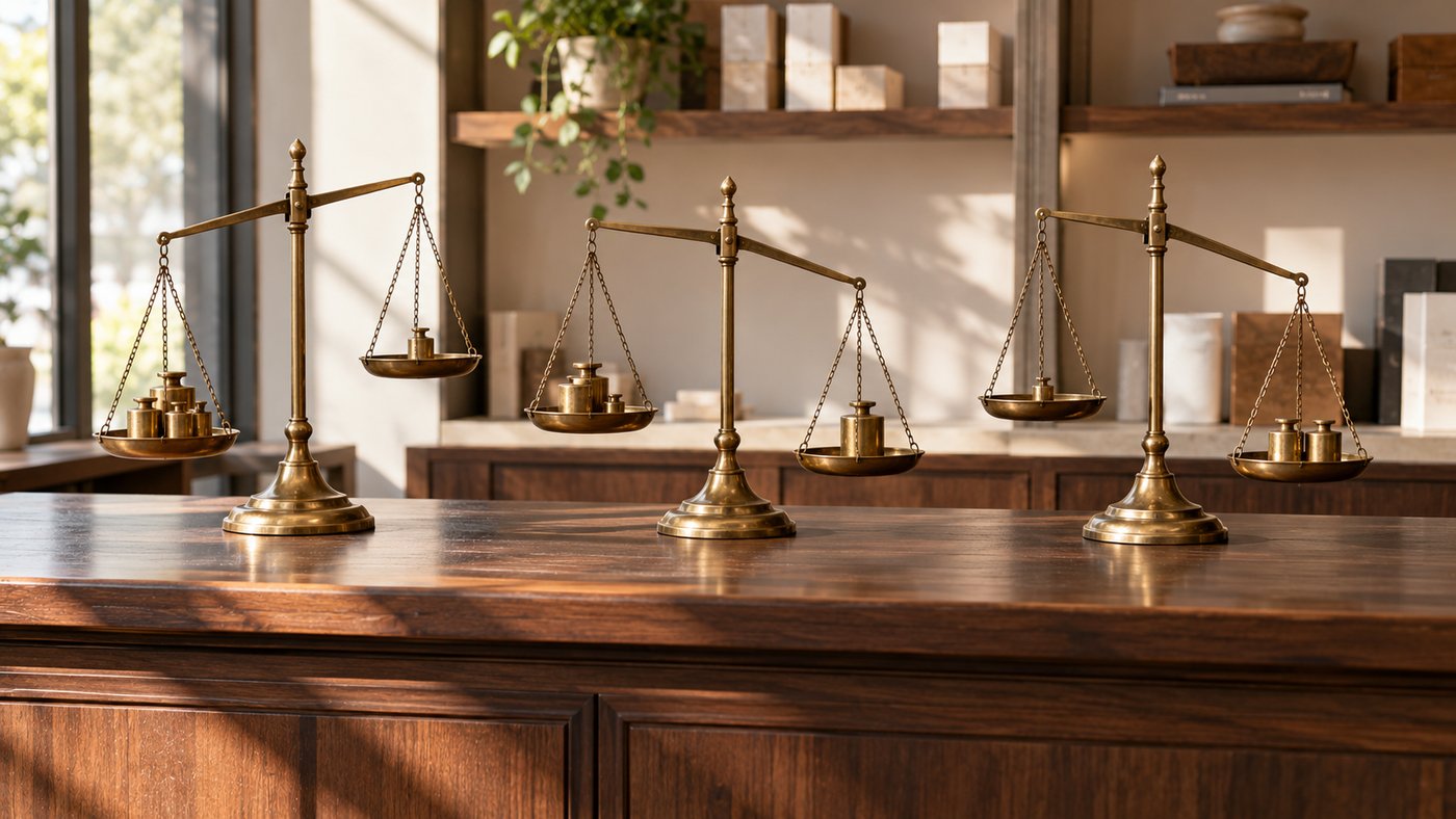 A shop counter with several sets of scales, each holding a different weight.