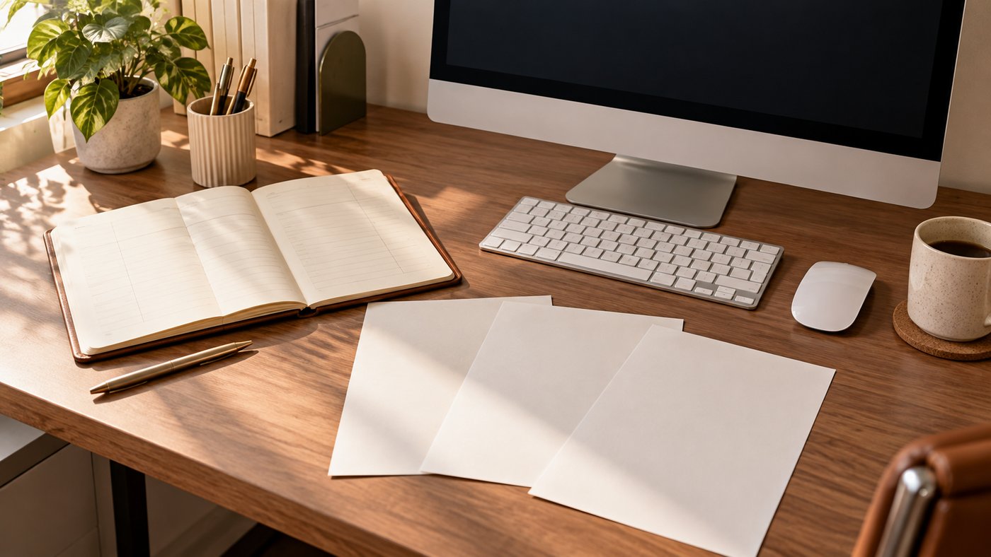 An open notebook, a pen and three blank sheets on a wooden desk beside a keyboard and a dark monitor.