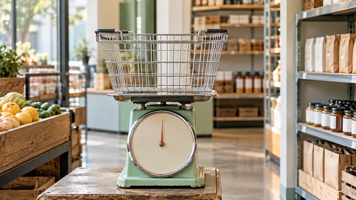 An empty wire basket on a vintage grocery scale in a small shop.