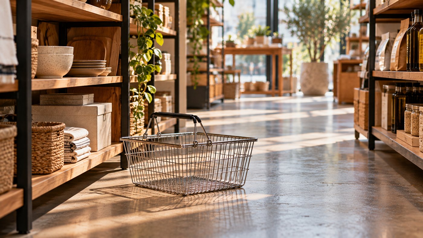 An empty shopping basket left on the floor of a quiet shop aisle.