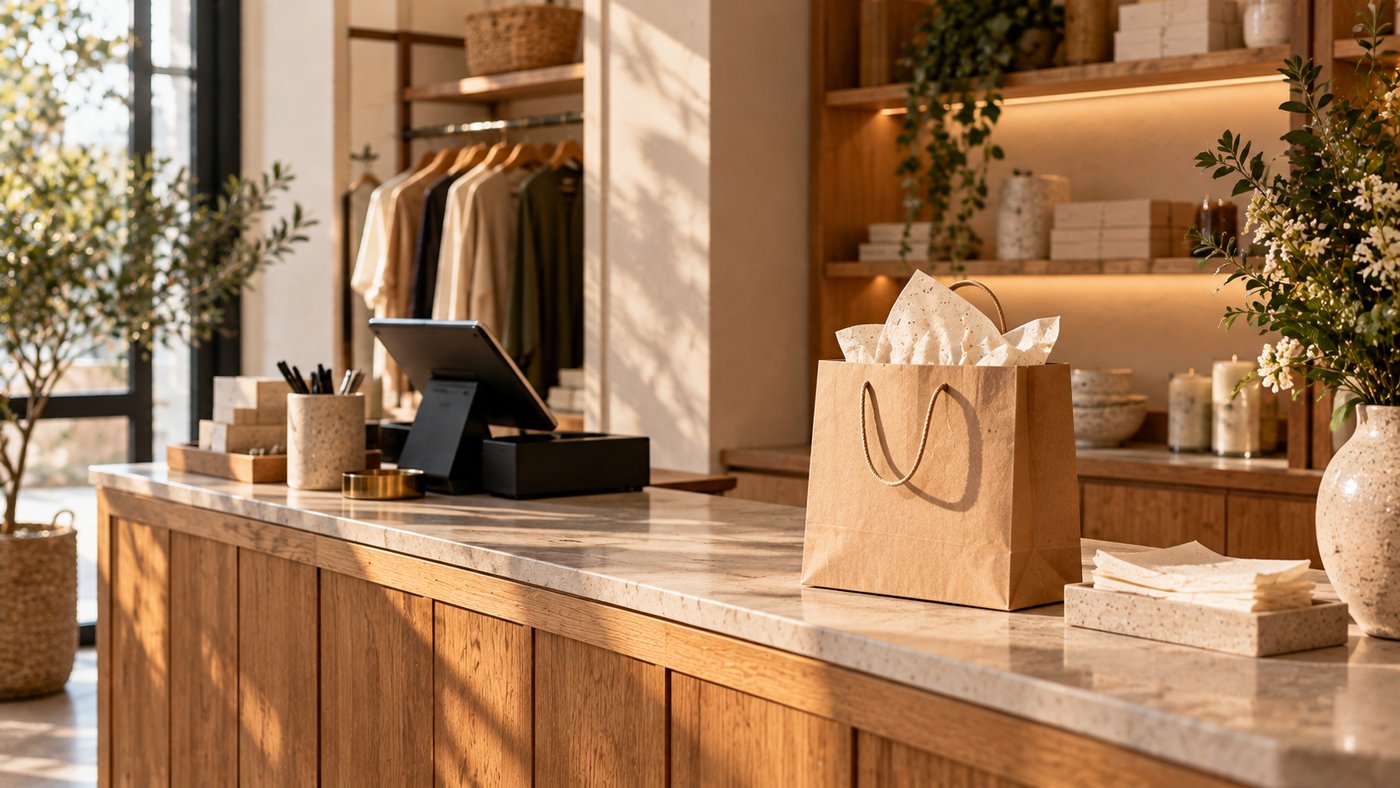A boutique checkout counter with a paper bag holding tissue, and no one waiting.