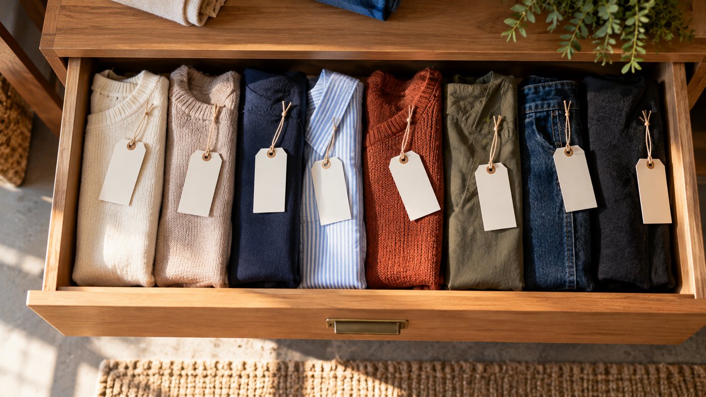 An open wooden drawer of folded garments in a row, each with a blank hanging tag.