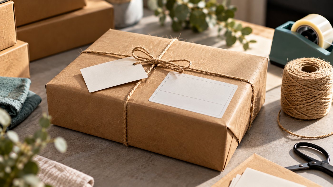 A kraft parcel tied with twine, with a blank tag and a blank label, beside a roll of twine.