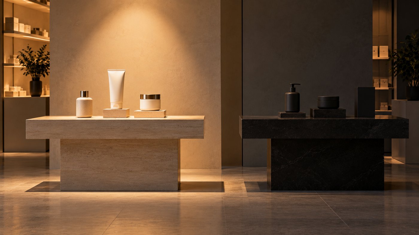 Two boutique display tables side by side, one with three products under a spotlight and one in shadow.