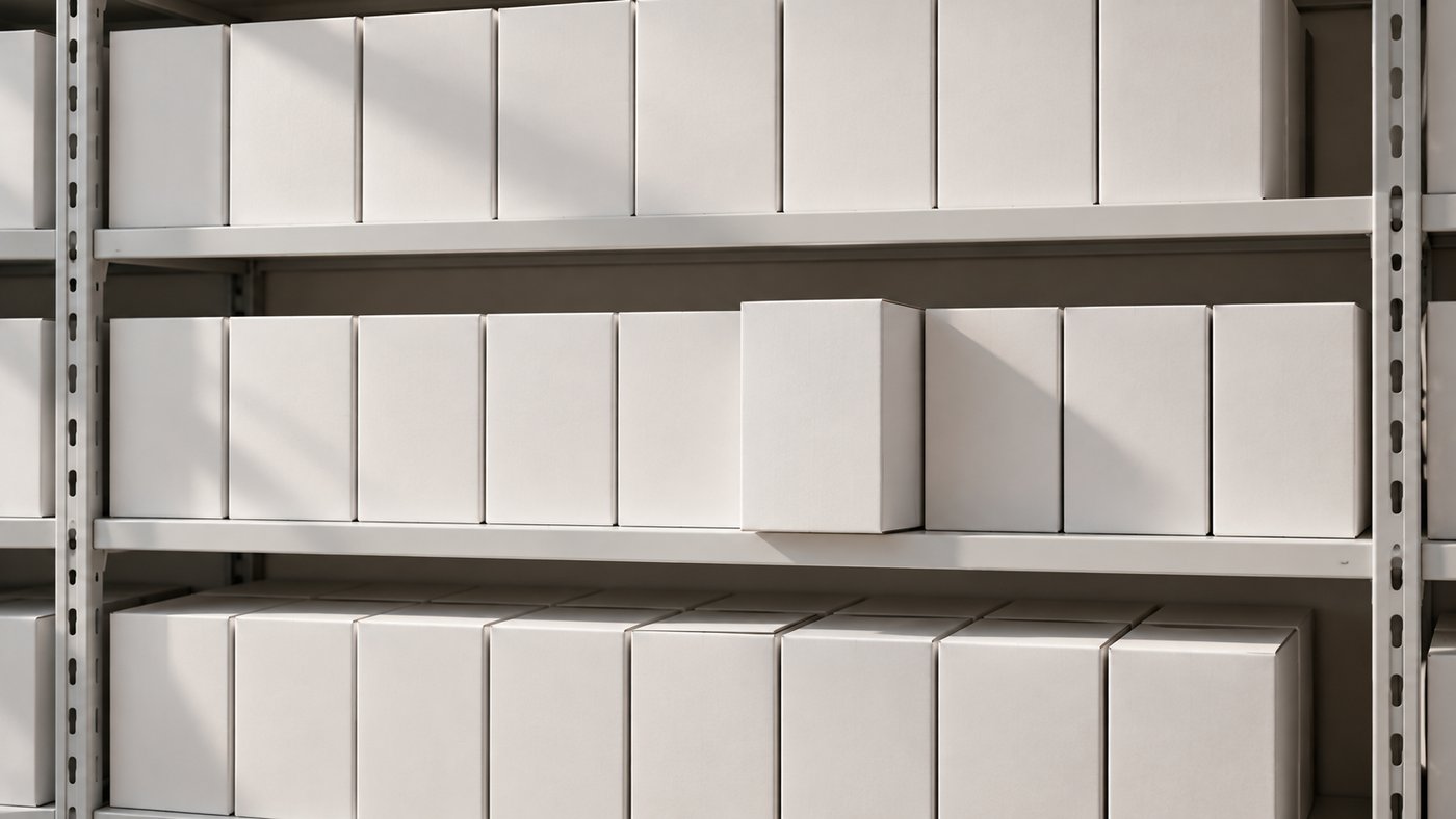A tall shelf of identical boxes with a single box pulled slightly forward from the row.