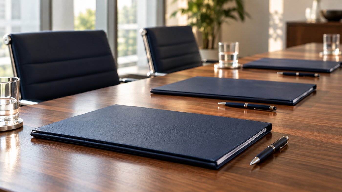 Three navy folders lined up on a conference table with a pen beside each.