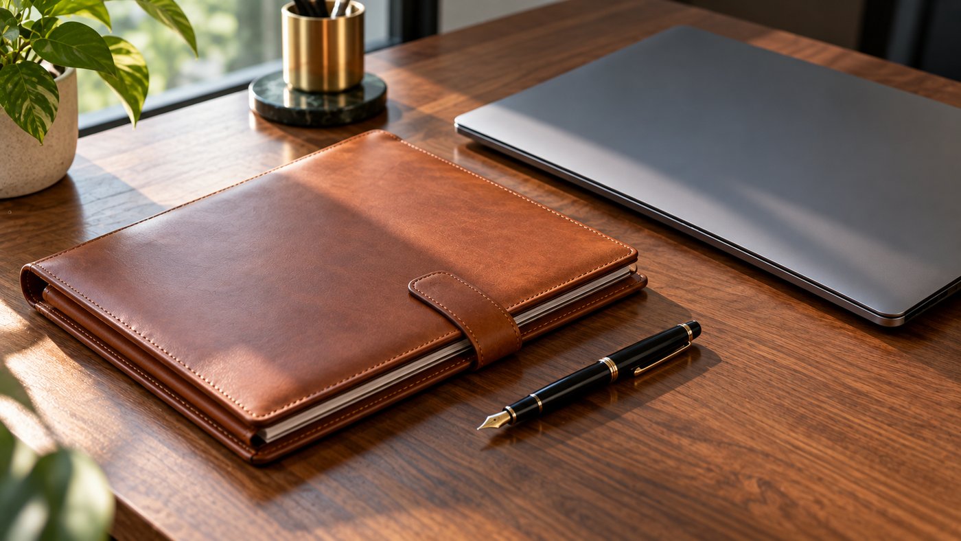 A leather document folder, a fountain pen and a closed laptop on a walnut desk.