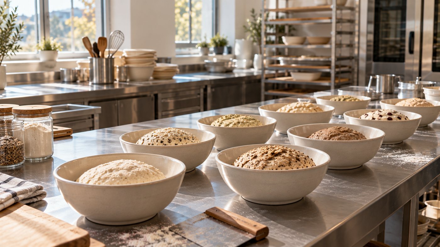 An empty test kitchen with rows of identical bowls on a steel counter, each holding a slightly different batch of dough.